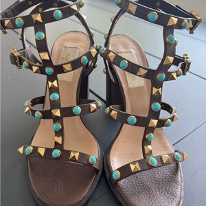 Valentino brown leather rockstud embellished sandal heels, 36